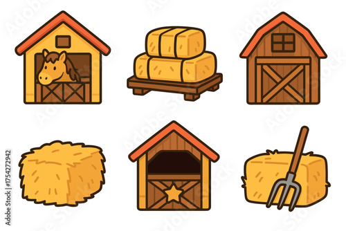 Farm animals and barnyard essentials for a rustic experience. Set of 6 vector illustration