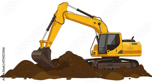 Yellow excavator digging in dirt, heavy construction machinery performing earthmoving tasks on a site
