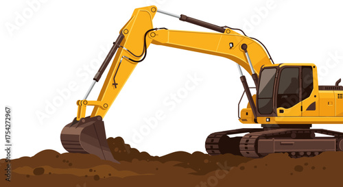 Vibrant yellow excavator actively digging soil, a powerful piece of heavy construction machinery essential for earthmoving, groundwork, and civil engineering
