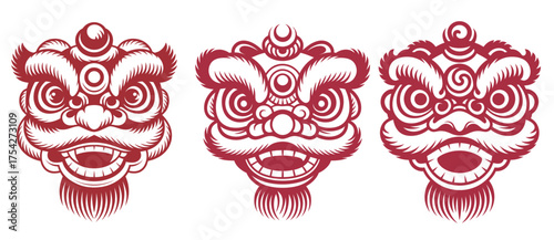 Celebrate Chinese New Year with this vibrant set of three red lion dance heads, bringing festive cheer and good fortune to your designs and greetings