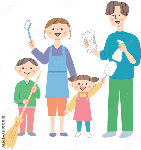 掃除道具を持った家族