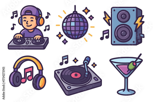 Vibrant music party scene with DJ, drinks, and disco elements. Set of 6 vector illustration