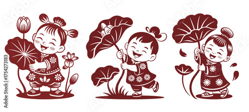 Delightful paper-cut art featuring happy children with lotus leaves, a charming touch for celebratory designs and cultural events. Bring joy to your creative projects.