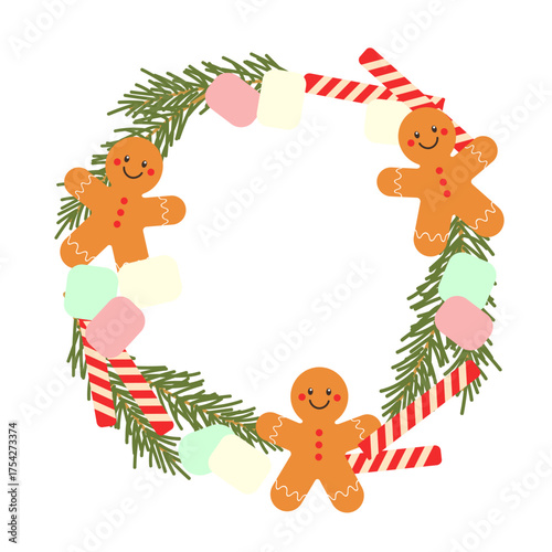 Christmas round frame with fir wreath made of gingerbread cookies, marshmallows, and wafer rolls, festive winter design element. Isolated on white background.