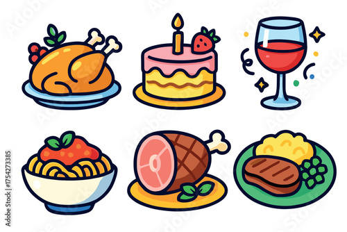 Festive culinary delights for celebration and gathering. Set of 6 vector illustration