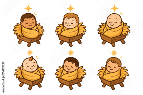 Joyful babies in cribs with golden straw for festive celebration. Set of 6 vector illustration