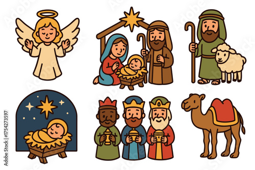 Nativity scene with angel, shepherds, and wise men. Set of 6 vector illustration