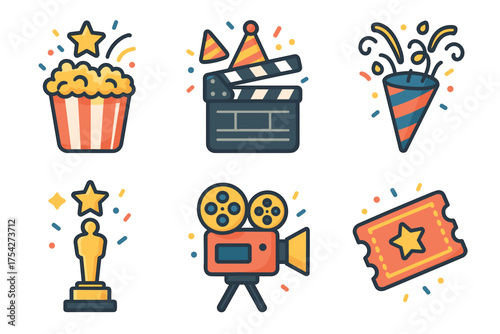 Movie night celebration with popcorn, clapperboard, and awards. Set of 6 vector illustration