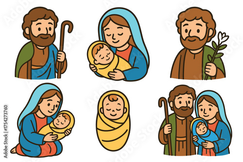 Depiction of a holy family celebrating new life and love. Set of 6 vector illustration