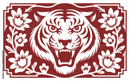 Fierce white tiger roaring amidst stylized floral patterns, representing strength and tradition in a striking red and white design