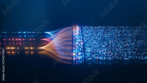 AI and Big Data futuristic illustration showcasing automation, data analytics, and innovation in technology with stream of data flowing through neural network. ANN, LLM, abstract, colorful background.
