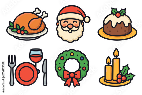 Celebration of Christmas dinner with traditional holiday symbols. Set of 6 vector illustration