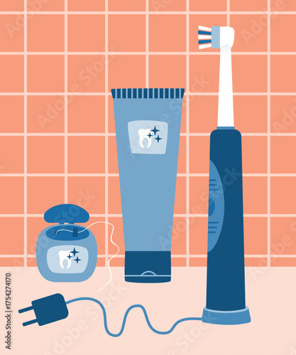 Dental hygiene equipment illustration, electric toothbrush, toothpaste and dental floss.