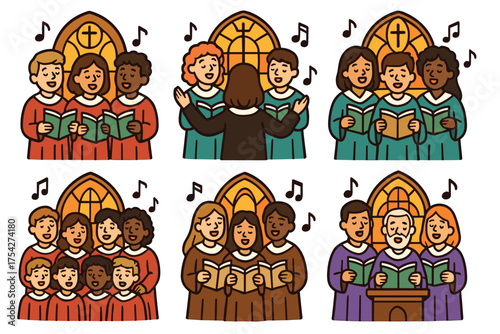 Choir singing together during a church service celebration. Set of 6 vector illustration