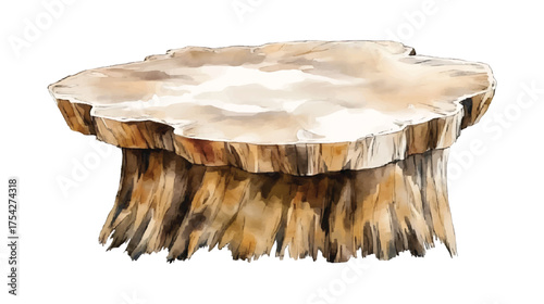 Watercolor illustration of a petrified wood slice table or watercolor illutrastion transparent background
