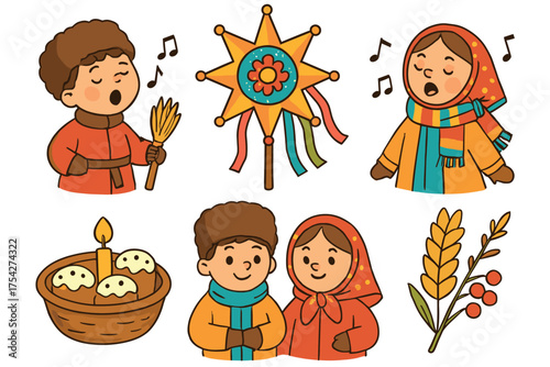 Kids celebrate winter fest with songs and decor. Set of 6 vector illustration