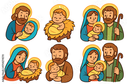 Cherished moments of a holy family celebrating faith and love. Set of 6 vector illustration