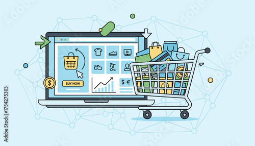 Vibrant flat illustration of a laptop screen displaying e-commerce icons and a shopping cart overflowing with colorful bags and credit cards, symbolizing online shopping and digital transactions, set