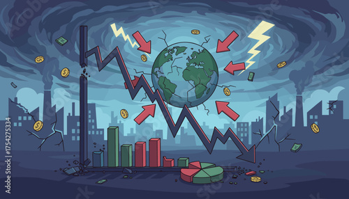 Symbolic illustration of global economic collapse with a crashing stock market graph, cracked Earth, falling coins, lightning strikes, and industrial pollution under a stormy sky, representing
