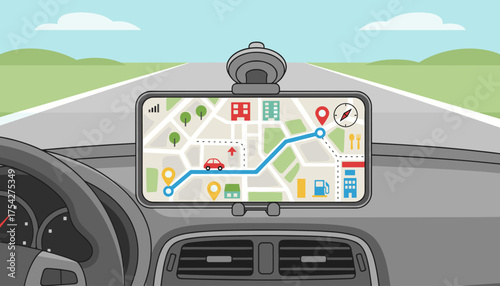 View from inside a car looking at a smartphone mounted on the dashboard displaying a GPS navigation map with a route, destination pin, gas station, restaurant, and buildings, on a sunny day with a