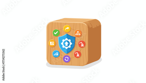 Vivid illustration of a wooden block featuring a central shield icon with an upward arrow and gear, surrounded by colorful circular icons representing process, workflow, automation, and progress