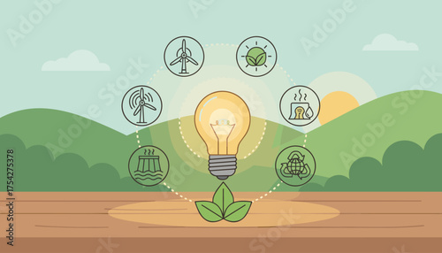A glowing light bulb symbolizes innovation and bright ideas, surrounded by icons representing various renewable energy sources like wind turbines, solar power, hydroelectric dams, and recycling, all