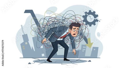 Stressed businessman tangled in colorful threads representing work problems, overwhelmed by anxiety and difficulty, with a cracked gear and falling arrow symbolizing business failure and economic