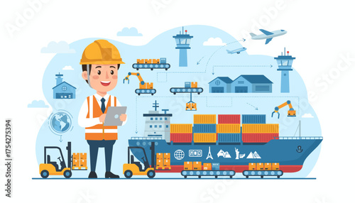 Logistics operations supervisor overseeing global shipping and supply chain management with cargo ship, airplanes, forklifts, conveyor belts, and warehouses, illustrating efficient international