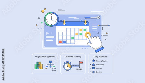 Time management and scheduling concept illustration featuring a digital calendar with colored event markers, a clock, and a hand interacting with the interface, alongside sections for project