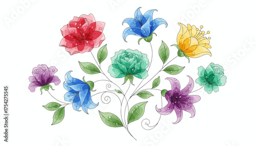 Vibrant watercolor floral arrangement featuring a variety of blooming flowers in shades of red, pink, purple, blue, green, and yellow, adorned with delicate water droplets, set against a clean white