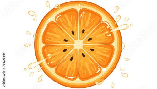 Vibrant, juicy, and refreshing illustration of a transparent orange slice, showcasing its segmented interior, dark seeds, and glistening droplets of juice splashing outwards, isolated on a clean