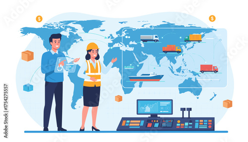 Global logistics and transportation concept with managers overseeing international shipping routes, cargo trucks, and ships on a world map, utilizing digital interfaces and control panels for