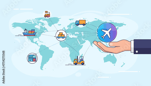 Global logistics and transportation network illustration, showing a hand holding an airplane icon connected to various shipping methods like cargo ships, trucks, and forklifts across a world map