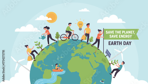 Vivid flat illustration of diverse people actively participating in Earth Day initiatives, promoting environmental conservation and sustainable energy practices, showcasing global unity and