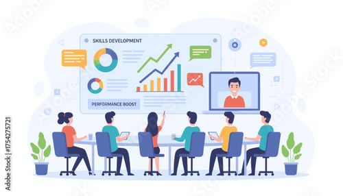 Flat vector illustration depicting a diverse group of people participating in an online training session, with a presentation screen showing skills development charts, graphs, and performance boost