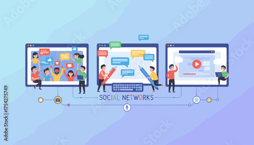 Vivid flat illustration depicting people interacting with social networks through various devices, showcasing communication, content creation, and online engagement with icons representing likes