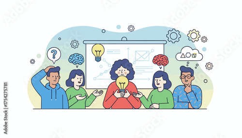 Vivid vector illustration of a diverse group of people collaborating and brainstorming ideas, featuring lightbulbs symbolizing innovation, brains representing intellect, and a presentation board with