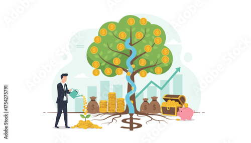 Vibrant vector illustration depicting a businessman watering a money tree laden with golden coins, symbolizing financial growth and investment. Stacks of coins, money bags, a treasure chest