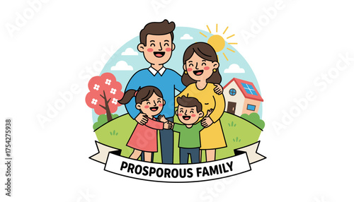 Vibrant vector illustration capturing the essence of a happy, prosperous family with parents and two children embracing joyfully outdoors, set against a backdrop of a charming house, a blooming tree