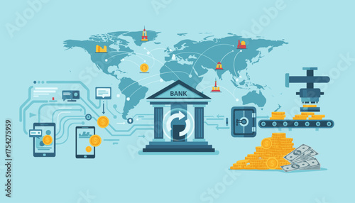 Global financial transactions and banking services illustrated with a world map, bank building, digital devices, coins, banknotes, a safe, and a coin minting machine, symbolizing international