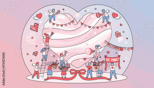 Charming vector illustration depicting a group of adorable cupids actively preparing and decorating a giant, layered heart for Valentine's Day, symbolizing love and affection with festive elements