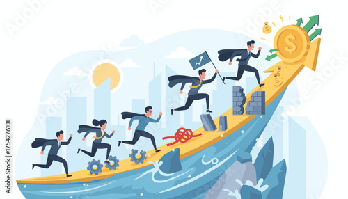 Dynamic vector illustration depicting the concept of business motivation and success, with a team of professionals running up a golden arrow graph, overcoming obstacles like broken walls and knots