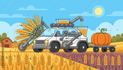 Vivid vector illustration depicting a futuristic harvesting machine, a modified car, collecting wheat in a golden field and transferring it to a trailer carrying a large pumpkin, symbolizing