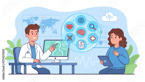Doctor consulting patient online via virtual healthcare platform, discussing medical diagnosis and health advice with digital interface showing vital signs, brain scans, DNA, and heart rate