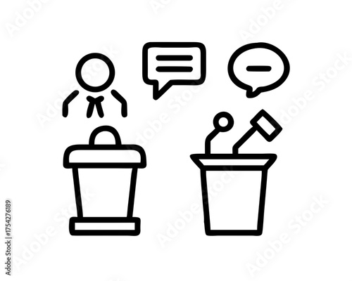 Icon set of speaker, speech, podium, microphone