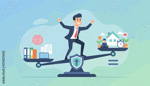 Concept of work-life balance and equilibrium, represented by a businessman on a scale, balancing professional life elements like brain, laptop, and documents against personal life elements such as