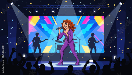Dynamic illustration of a female singer performing live on a concert stage, bathed in spotlight, with a band and a vibrant, abstract digital backdrop, while confetti rains down on an enthusiastic