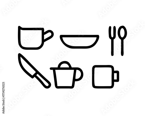 Kitchen utensils, including cutlery and containers