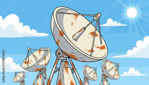 A cluster of old, rusty white satellite dishes stands against a bright blue sky with fluffy white clouds and a shining sun, evoking a sense of outdated technology and communication.