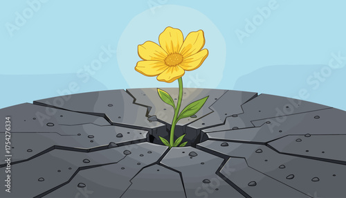 A vibrant yellow flower bravely pushes through a cracked, desolate pavement, symbolizing resilience, hope, and the persistent power of nature to overcome harsh, man-made environments under a clear